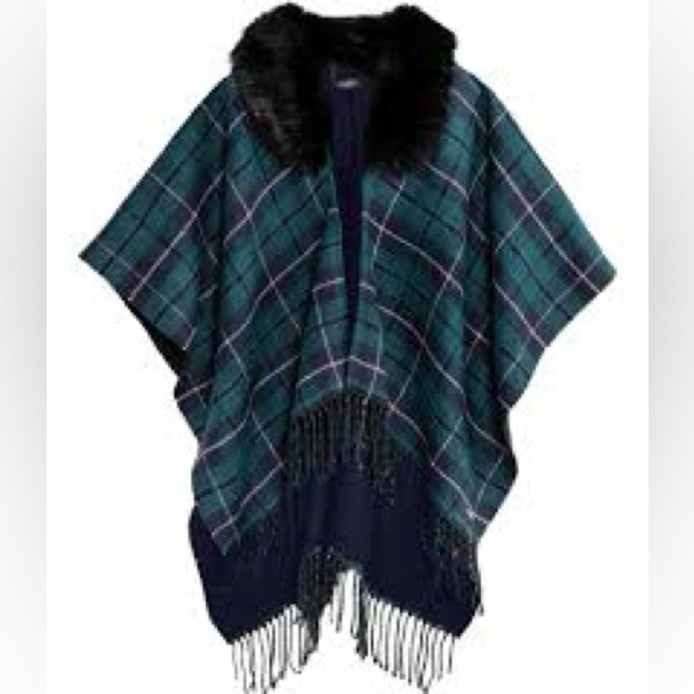 Lauren Ralph Lauren plaid cape sweater with detachable faux fur collar